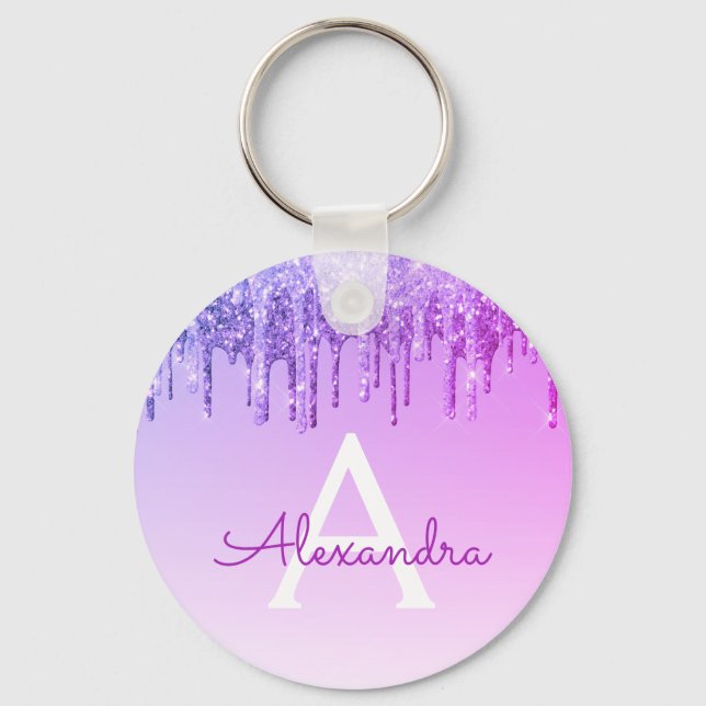 Chaveiro Monograma de brilho roxo e brilho (Frente)