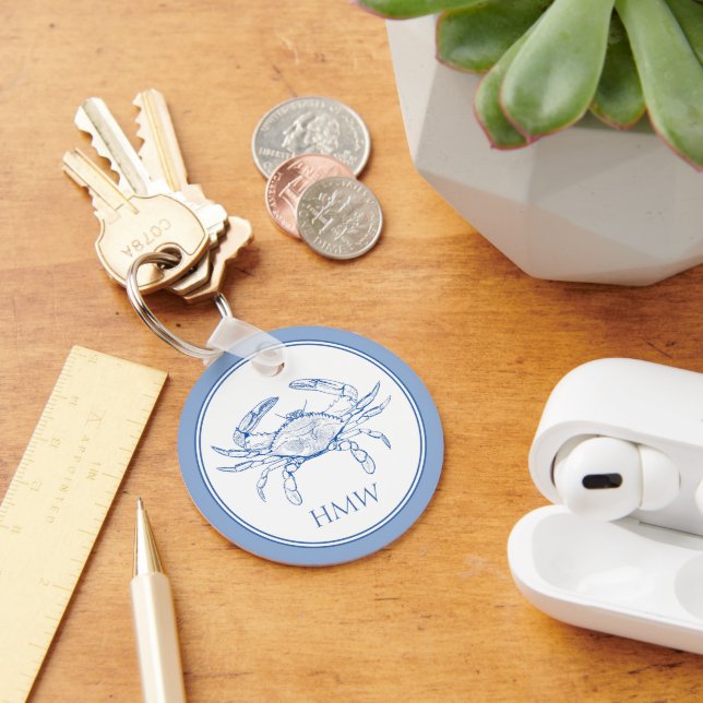 Chaveiro Monograma de Caranguejo Branco e Azul Costeiro (Mesa)