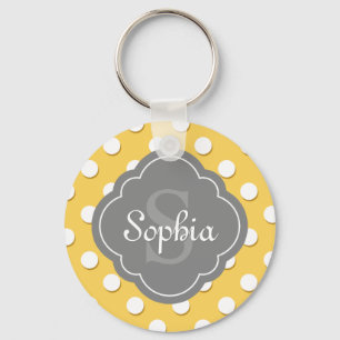 Chaveiro Monograma de Cinza de Padrão de Bolinhas Amarelo