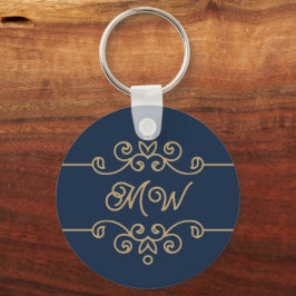 Chaveiro Monograma de Floreio Elegante Azul-Elegante Dourad