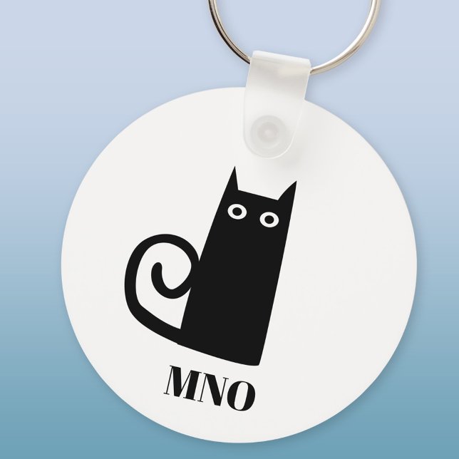 Chaveiro Monograma de Gato Negro Engraçado (Monogram initials personalized fun black cat aluminium keyring keychain)
