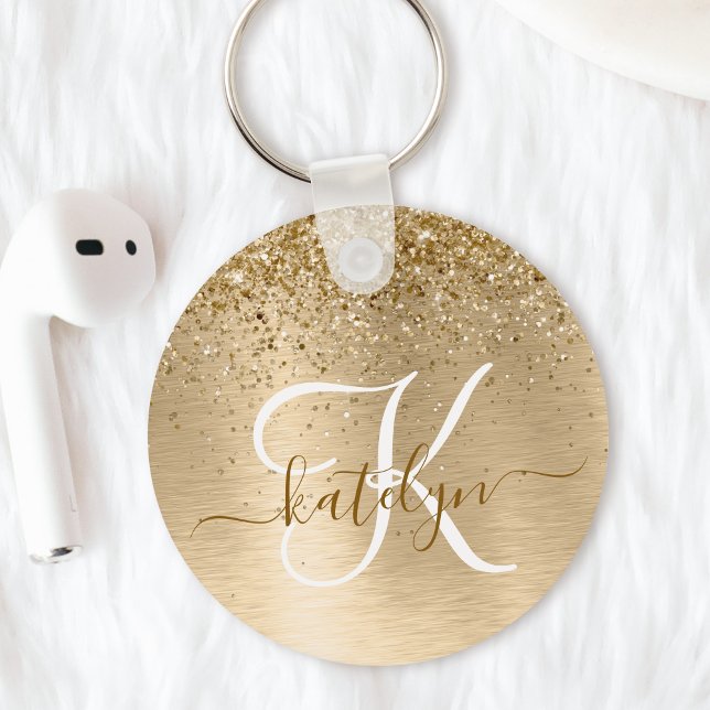 Chaveiro Monograma de Impressão de Dourada com Largura  Bru (Add some flair to your keys with this custom gold brushed metal glitter keychain)