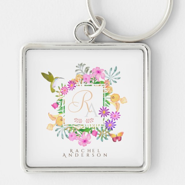 Chaveiro Monograma de Jardim Floral Branco (Frente)