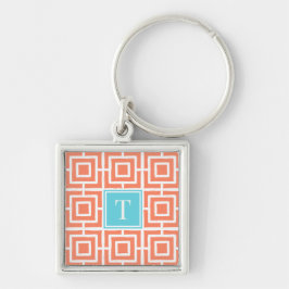 Chaveiro Monograma de Malha Quadrada Preppy - Coral e Turqu