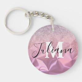 Chaveiro Monograma de Metal Polido com Brilho Falso Rosa
