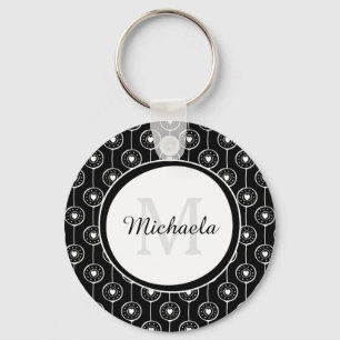 Chaveiro Monograma de na moda Black e White Hearts com Nome