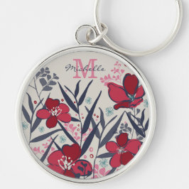 Chaveiro Monograma de Nome Floral Vermelho e Rosa