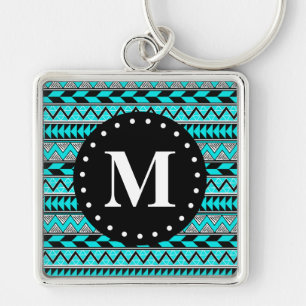 Chaveiro Monograma de Padrão de Chevron Tribal Azul Aqua