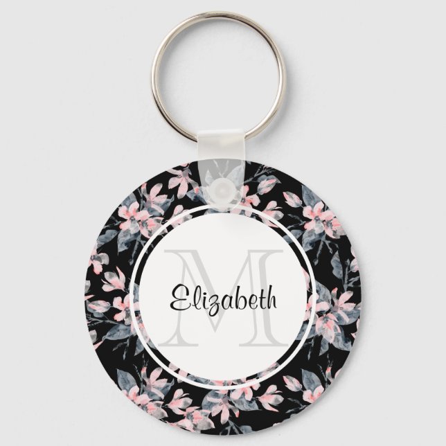 Chaveiro Monograma de Padrão Flor de Aquarela Rosa e Cinza (Frente)