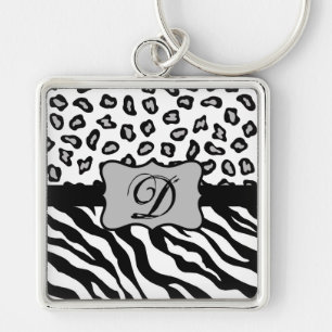 Chaveiro Monograma de Pele-Leopardo-da-Zebra-Branca-Preta