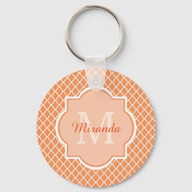 Chaveiro Monograma De Quatrefoil De na moda Laranja Com Nom (Frente)