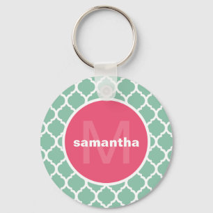 Chaveiro Monograma de Quatrefoil do rosa verde e quente da