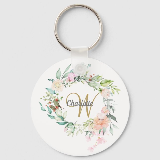 Chaveiro Monograma de Rosas Florais em Script Dourado (Frente)