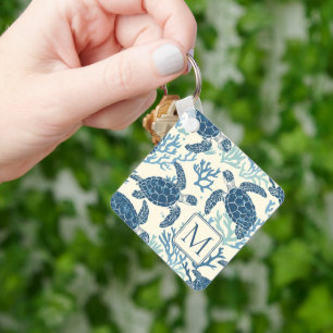 Chaveiro Monograma de Tartarugas do Mar Azul e Creme