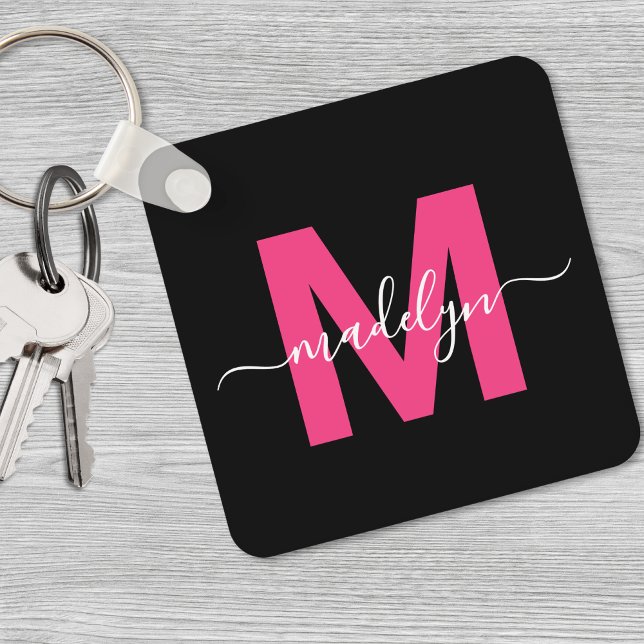 Chaveiro Monograma do nome do script preto rosa a quente (Hot Pink Black Script Name Monogram keychain)