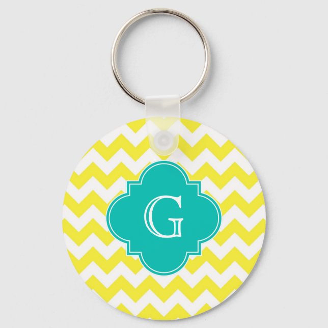 Chaveiro Monograma do Quatrefoil Teal Branco Amarelo (Frente)