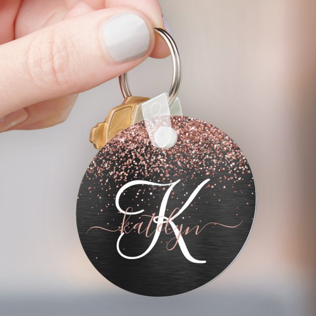 Chaveiro Monograma do Sparkle preto com brilho Dourado com  (Make your keys stand out with this gorgeous rose gold glitter keychain with your monogram and name)