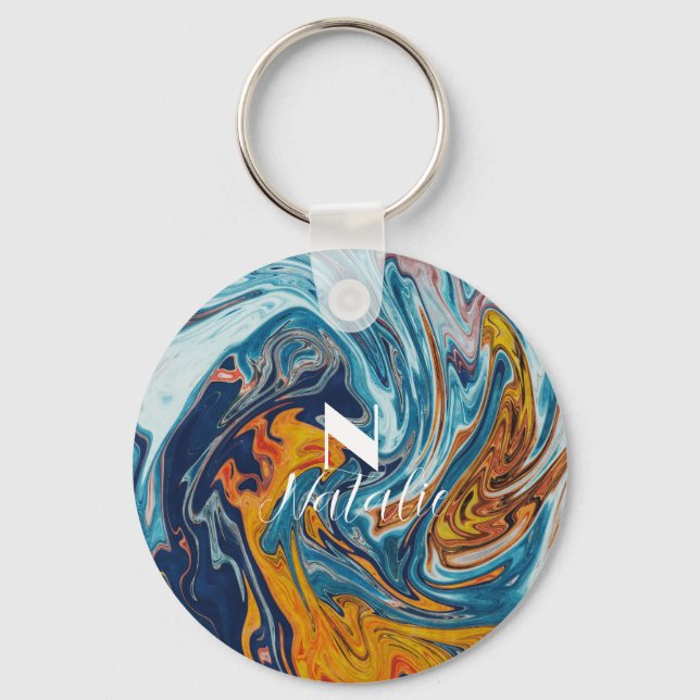 Chaveiro Monograma Dourado Azul Elegante (Frente)