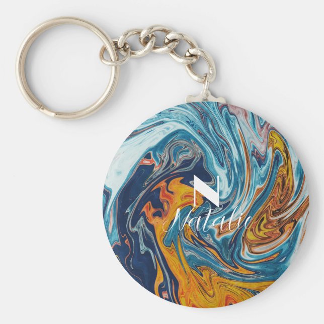 Chaveiro Monograma Dourado Azul Elegante (Frente)