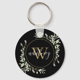 Chaveiro Monograma Dourado Folhagem Escrito Elegante Preto