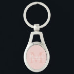 Chaveiro Monograma e nome da Bridesmaid Personalizada<br><div class="desc">Os presentes personalizados de Bridesmaids apresentam o nome personalizado da bridesmaid no estilo de fonte do script clássico branco e o monograma no estilo de fonte clássico cor-de-rosa pincelado como fundo com o título e a data do casamento no estilo de fonte de serif clássica branca em fundo rosa pincelado....</div>