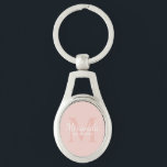 Chaveiro Monograma e nome da Bridesmaid Personalizada<br><div class="desc">Os presentes personalizados de Bridesmaids apresentam o nome personalizado da bridesmaid no estilo de fonte do script clássico branco e o monograma no estilo de fonte clássico cor-de-rosa pincelado como fundo com o título e a data do casamento no estilo de fonte de serif clássica branca em fundo rosa pincelado....</div>