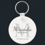 Chaveiro Monograma e nome da Bridesmaid Personalizada<br><div class="desc">Os presentes personalizados das Bridesmaids apresentam o nome personalizado da madrinha no estilo de fonte clássico do script da cinza e o monograma no estilo de fonte clássico da serif da cinza clara como fundo com título e data de casamento no estilo de fonte da serif clássica da cinza em...</div>