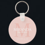 Chaveiro Monograma e nome da Bridesmaid Personalizada<br><div class="desc">Adicione um toque pessoal ao seu casamento com o monograma personalizado da dama de honra e o presente de nome. Este design apresenta o nome da dama de honra personalizada com o título e a data do casamento em branco e monograma em cor-de-rosa-pincel como fundo, no estilo clássico da fonte...</div>