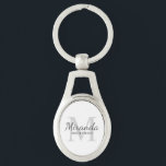 Chaveiro Monograma e nome da Bridesmaid Personalizada<br><div class="desc">Os presentes personalizados das Bridesmaids apresentam o nome personalizado da madrinha no estilo de fonte clássico do script da cinza e o monograma no estilo de fonte clássico da serif da cinza clara como fundo com título e data de casamento no estilo de fonte da serif clássica da cinza em...</div>