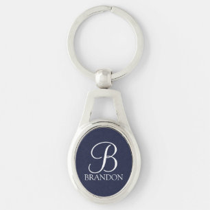 Chaveiro Monograma e Nome de Script Personalizado Azul-mari