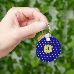 Chaveiro Monograma Elegante com Estrelas em Ouro e Azul