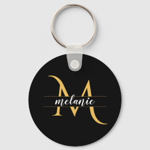 Chaveiro Monograma Elegante Dividido Dourado Preto Nome Per