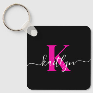 Chaveiro Monograma Elegante Preto e Rosa Neon em Letra de F