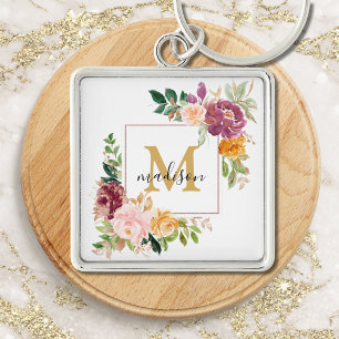 Chaveiro Monograma Elegante Rosa de Aquarela Botânica