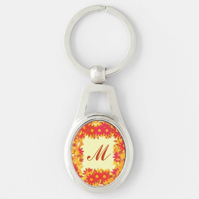 Chaveiro Monograma emoldurado com flores - vermelho e doura (Frente)