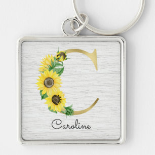 Chaveiro Monograma Flor Inicial Girly Girassol Dourado C