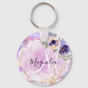 Chaveiro Monograma Floral em Mármore Arco-Íris Roxo, Rosa e