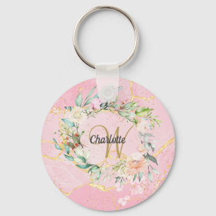 Chaveiro Monograma Floral Geodo Ágata Dourado Script