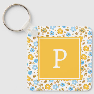 Chaveiro Monograma Floral Rústica Azul Amarelo Primavera