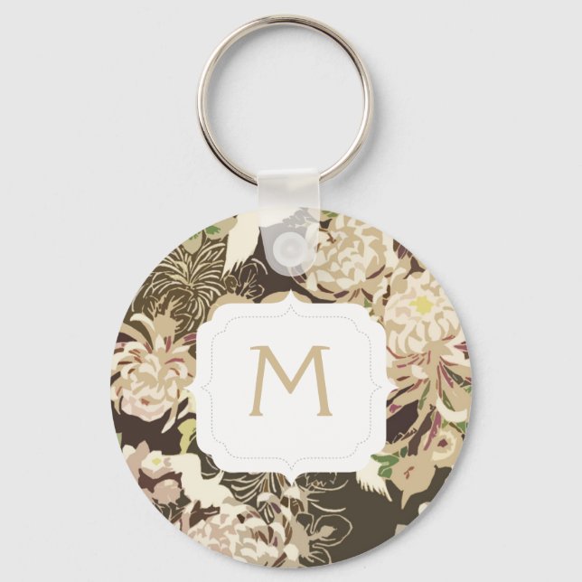 Chaveiro Monograma Flores e pássaros castanhos-do-campo (Frente)