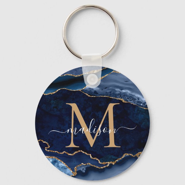 Chaveiro Monograma Girílico de Geodo de Agate Dourado Azul  (Frente)