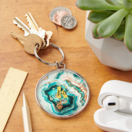 Chaveiro Monograma Moderno Personalizado de Ouro Aqua Agate