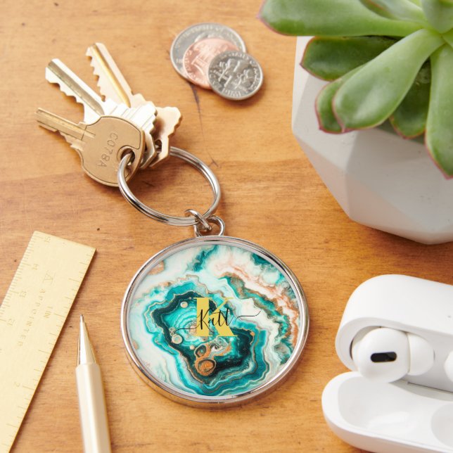 Chaveiro Monograma Moderno Personalizado de Ouro Aqua Agate (Mesa)