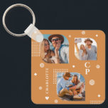 Chaveiro Monograma Nome 3 Tendência de Colagem de Fotos<br><div class="desc">Monograma Name 3 Photo Collage Trendy Modern Chaveiro apresenta uma colagem de fotos de três de suas fotos favoritas com seu nome personalizado e monograma em um roteiro elegante e branco em um fundo bronzeado. Personalize editando o texto nas caixas de texto fornecidas. Perfeito para o aniversário, Natal, Dia de...</div>