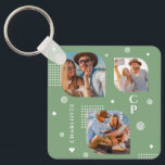 Chaveiro Monograma Nome 3 Tendência de Colagem de Fotos<br><div class="desc">Monograma Name 3 Photo Collage Trendy Modern Chaveiro apresenta uma colagem de fotos de três de suas fotos favoritas com seu nome personalizado e monograma em um roteiro elegante e branco em um fundo verde. Personalize editando o texto nas caixas de texto fornecidas. Perfeito para o aniversário, Natal, Dia de...</div>