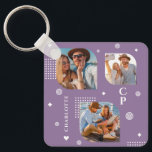 Chaveiro Monograma Nome 3 Tendência de Colagem de Fotos<br><div class="desc">Monograma Name 3 Photo Collage Trendy Modern Chaveiro apresenta uma colagem de fotos de três de suas fotos favoritas com seu nome personalizado e monograma em um roteiro elegante e branco em um fundo roxo. Personalize editando o texto nas caixas de texto fornecidas. Perfeito para o aniversário, Natal, Dia de...</div>