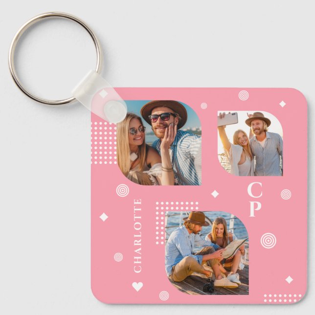 Chaveiro Monograma Nome 3 Tendência de Colagem de Fotos (Frente)