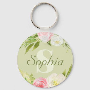 Chaveiro Monograma Nome Verde Cor de Água Rosa Floral