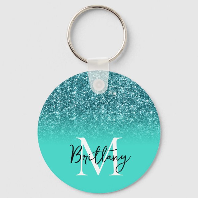 Chaveiro Monograma Ombre Turquesa com Brilho Teal (Frente)