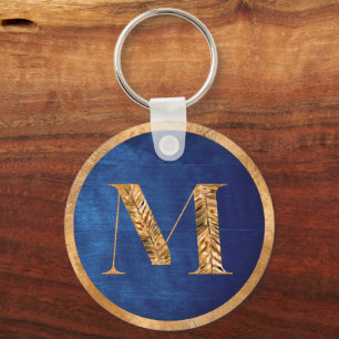 Chaveiro Monograma Personalizado Azul e Dourado Elegante e 